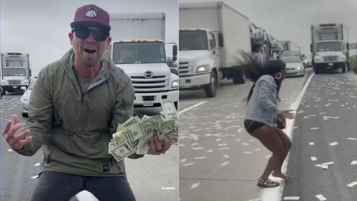 Bolsas com dinheiro caem em uma rodovia nos EUA e os motoristas recolhem as cédulas no asfalto
