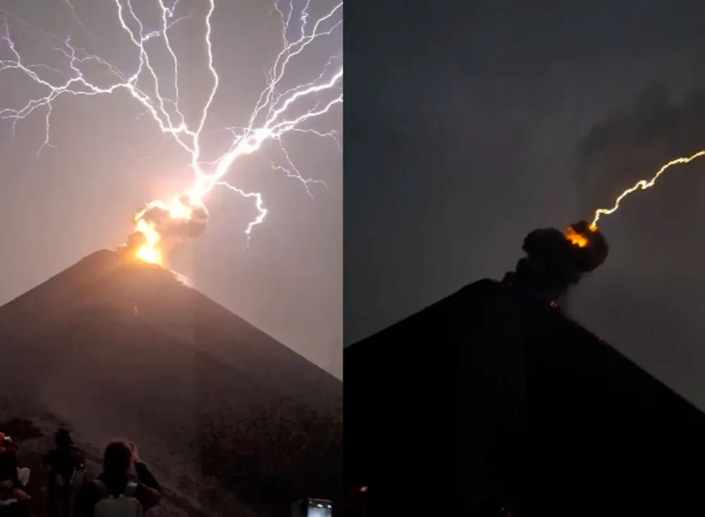 Relmpagos deslumbram espectadores que assistem erupo de vulco na Guatemala
