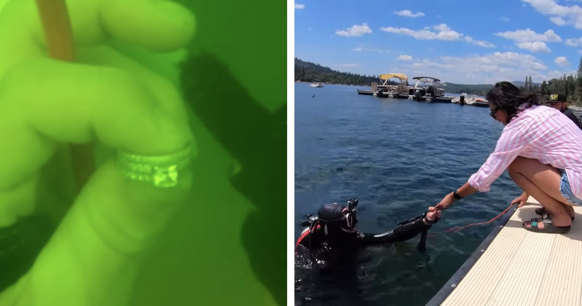 Mergulhador recupera aliana de casamento perdida de $ 9.500 no fundo de um lago
