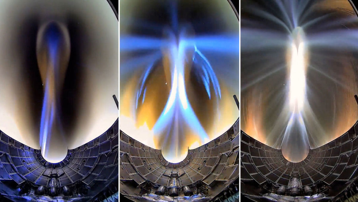 O rastro hipnotizante de plasma deixado pela carenagem de um foguete Falcon Heavy
