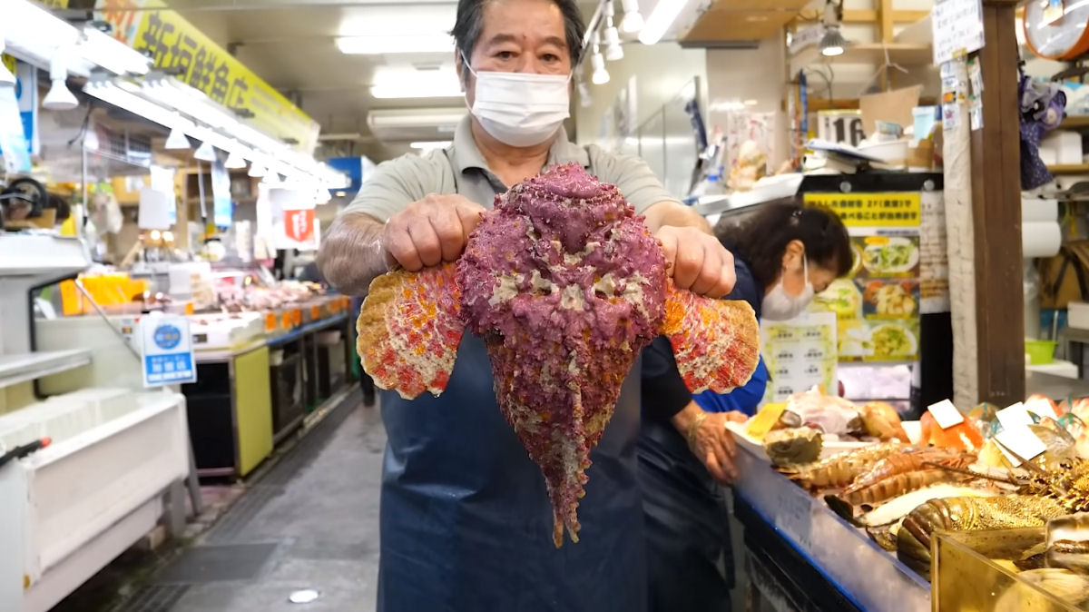 Vdeo satisfatrio mostra peixaria preparando frutos-do-mar frescos em Okinawa, Japo