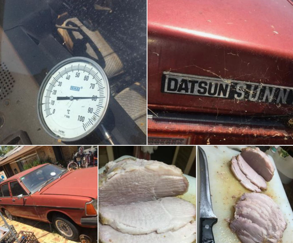 Australiano assou carne de porco dentro de carro em um dia quente escaldante