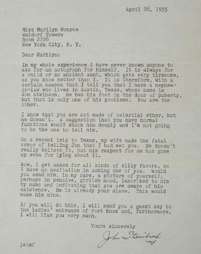 O dia em que o autor de 'Vinhas da Ira', John Steinbeck, escreveu para Marilyn pedindo uma foto para seu sobrinho