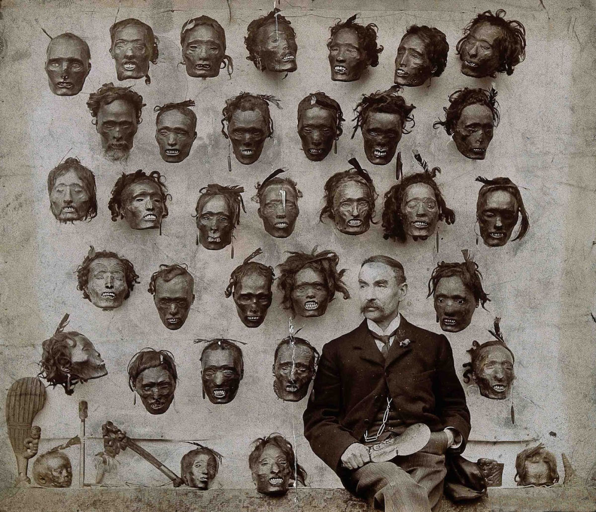 Um general com sua coleção de cabeças tatuadas mokomokai