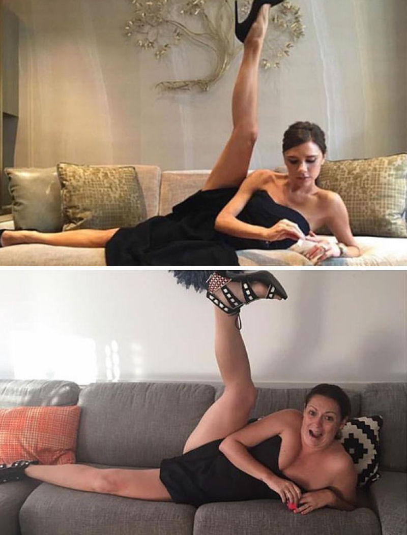 Mulher posta retratos divertidos imitando poses bizarras de celebridades 11