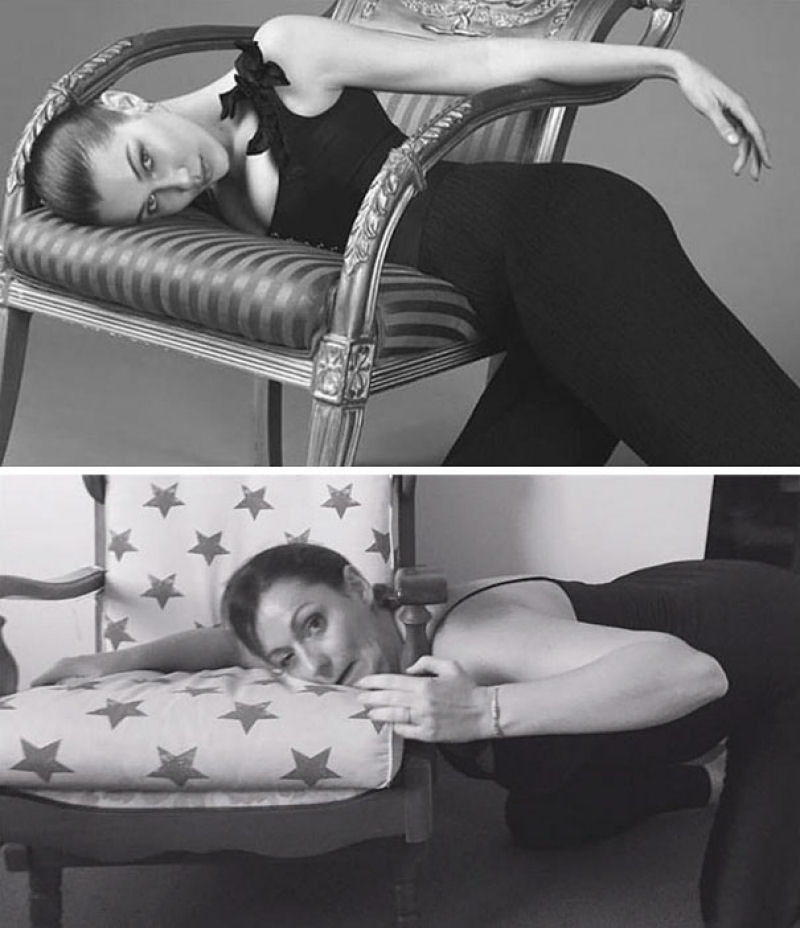 Mulher posta retratos divertidos imitando poses bizarras de celebridades 24