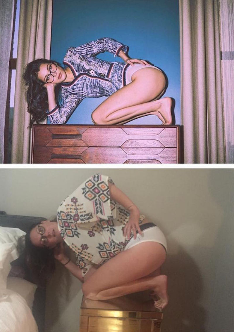 Mulher posta retratos divertidos imitando poses bizarras de celebridades 28