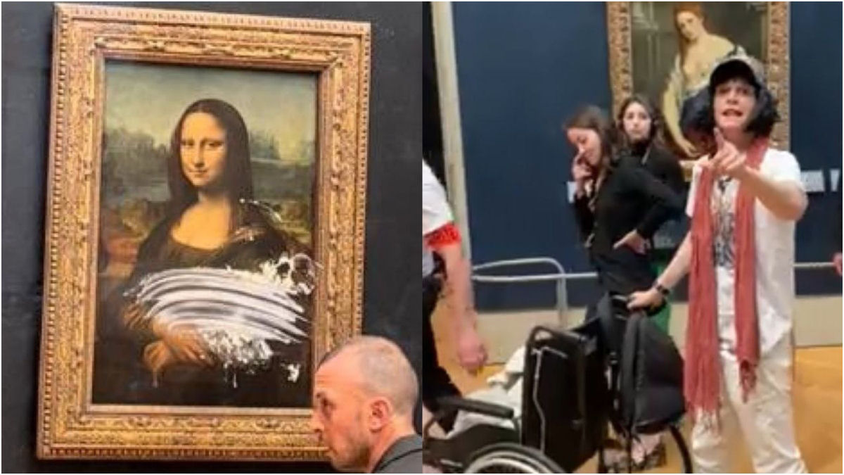 Homem vestido de velhinha vandaliza Mona Lisa com creme de bolo