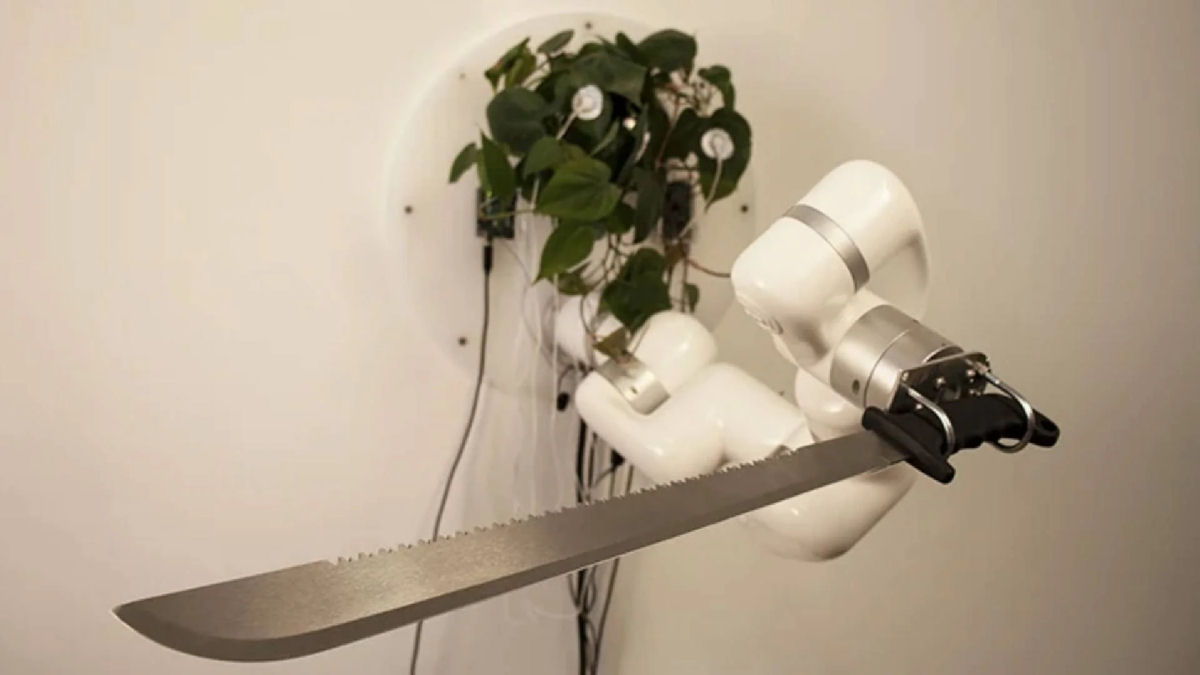 Esta planta ornamental controla um braço robótico que empunha um facão