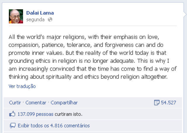Dalai Lama diz que a religio j no  suficiente