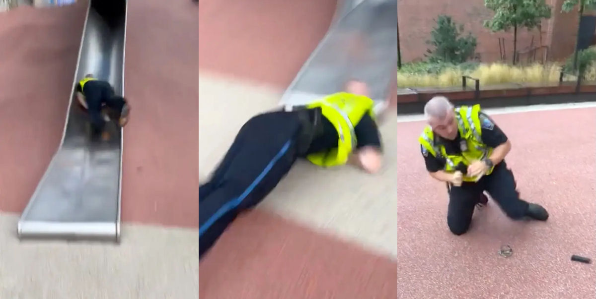 Policial americano acabou ferido ao descer um enorme escorregador de parque