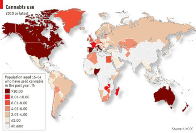 Mapa da ONU mostra os países que mais consomem maconha no mundo