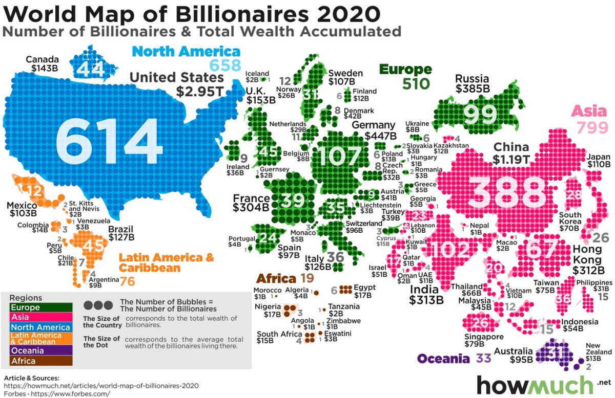 Mapa ilustra com detalhes quantos super-ricos tem cada país do mundo