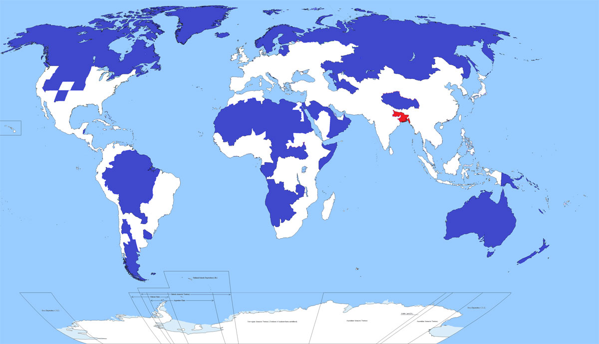 5% da população mundial vive nas regiões sombreadas em azul e outras 5% por cento na região vermelha