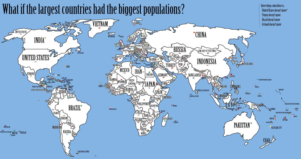 Este mapa reordena os pases do mundo conforme a populao com o seu tamanho
