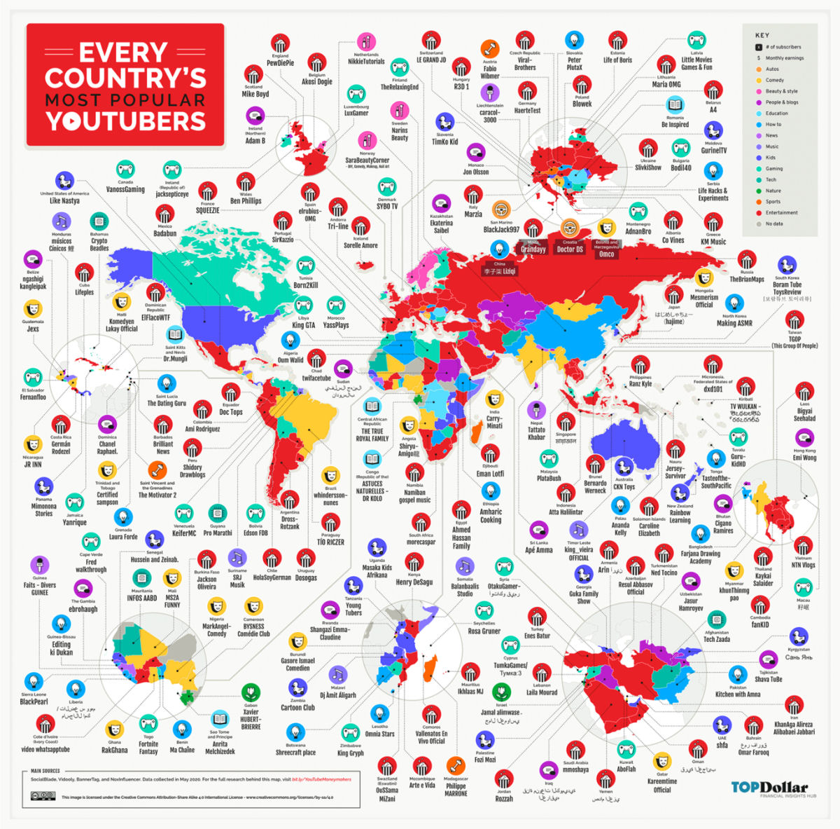 Os youtubers mais populares de cada país do mundo, reunidos em um mapa 01