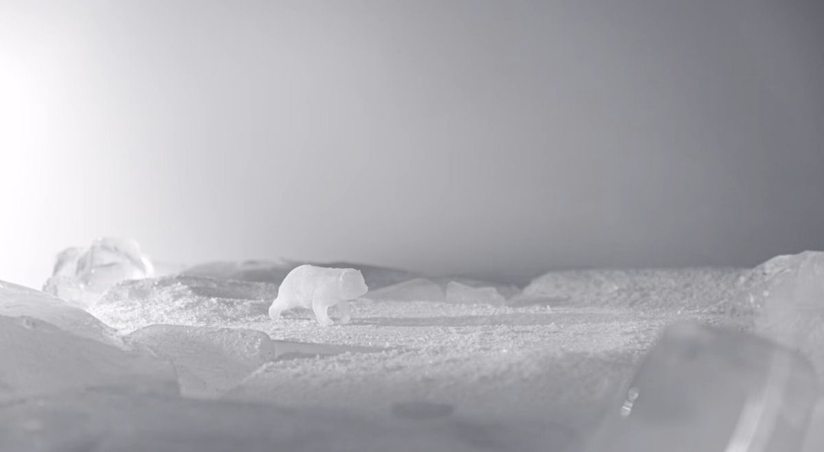 Urso-polar de gelo cruza paisagem ártica que está derretendo em um poderoso stop-motion