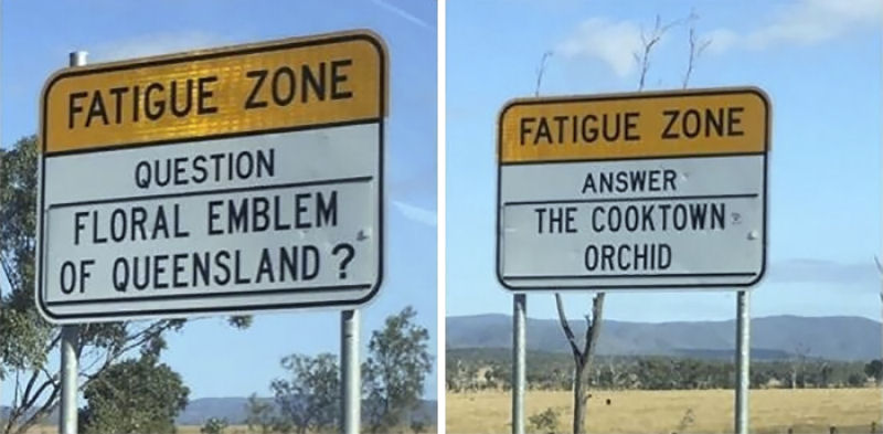 Algumas estradas australianas so to tediosas que as placas de transito tm perguntas de trivia como entretenimento 03