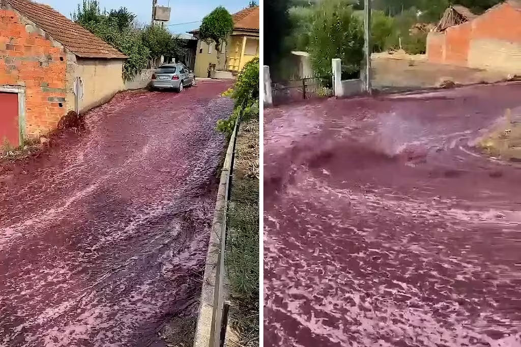 Vazamento de vinho tinto causa enxurrada em rua de Portugal