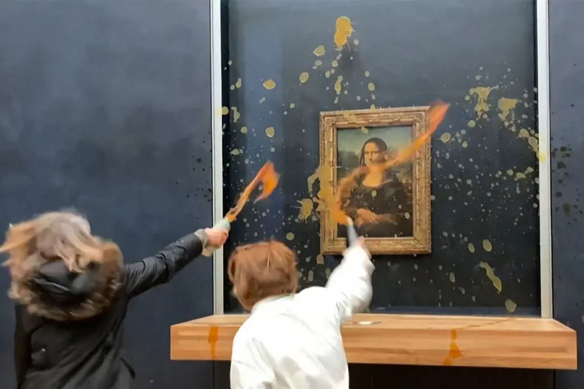 Ativistas ambientais jogaram sopa sobre a Mona Lisa de Leonardo da Vinci