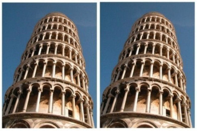 As duas imagens da Torre inclinada de Pisa so idnticas, no entanto, tem-se a impresso de que a torre  direita est mais inclinada, como se fotografada de um ngulo diferente.