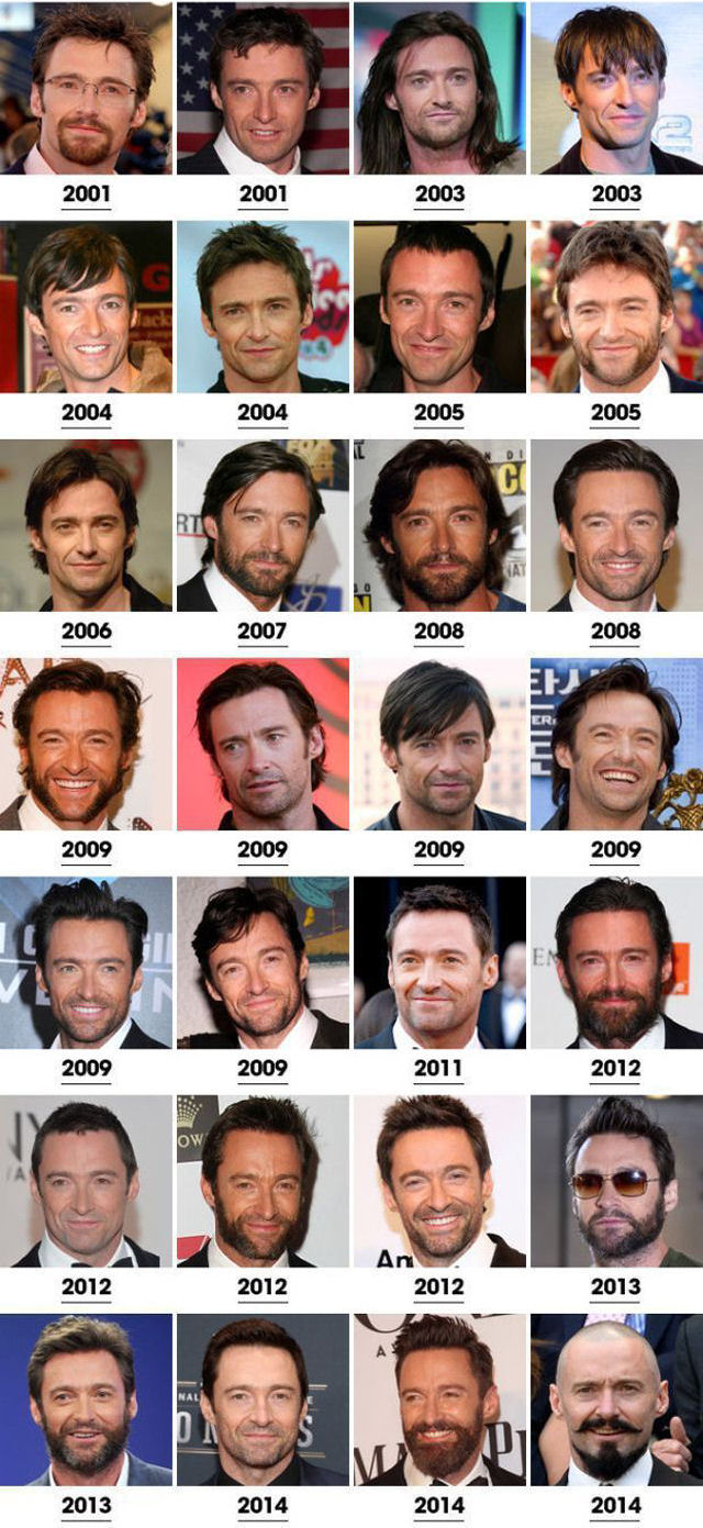 A evolução dos penteados de Hugh Jackman.