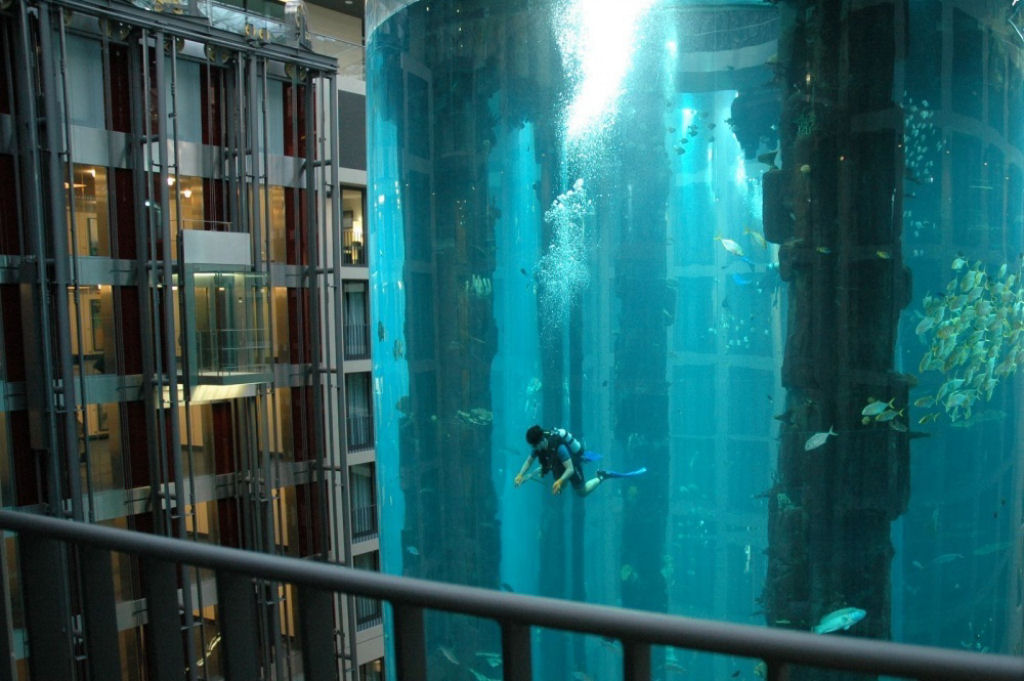 Este enorme aqurio  uma parte de um poo de elevador. Abriga cerca de 1.500 peixes.