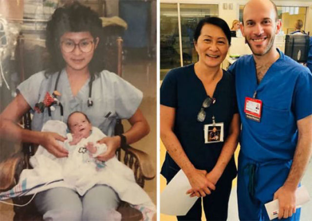 Esta enfermeira descobriu que ela cuidou de seu colega de trabalho médico quando era um bebê prematuro.