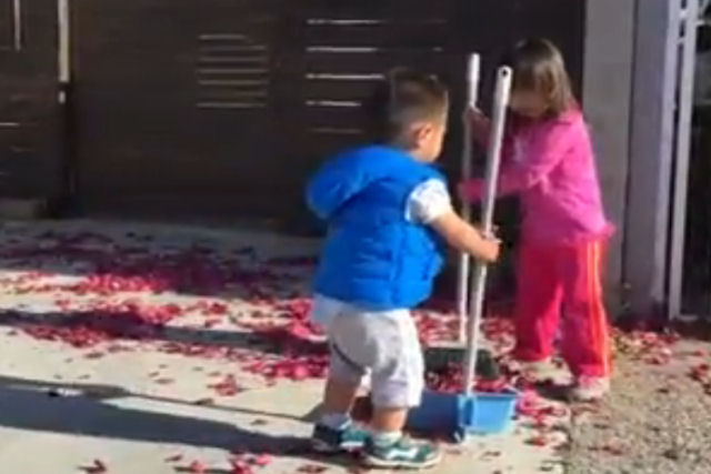 Garotinho tenta ajudar a sua irmã a varrer o jardim e o resultado é hilariante