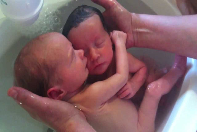 Gêmeos recém-nascidos compartilham uma surpreendente ligação durante a hora do banho
