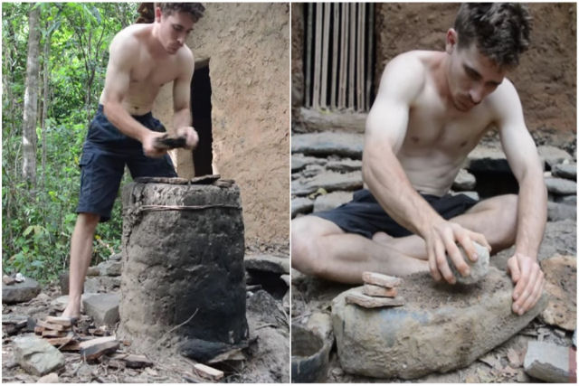 Jovem que vive na Idade da Pedra mostra como nossos ancestraos fazim lareiras e potes