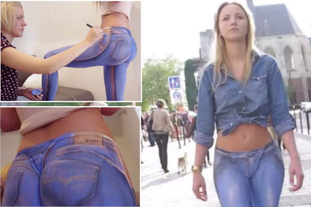 Esta jovem de tanguinha e pintura corporal de calça jeans caminha pela rua despercebida