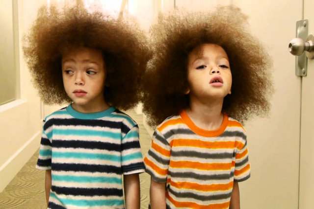 Irmãos gêmeos não têm idéia de quão longo seu cabelo é até seu primeiro corte em conjunto