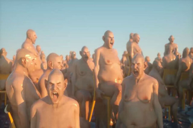 A bizarra animação 3D de homens nus flutuando no oceano