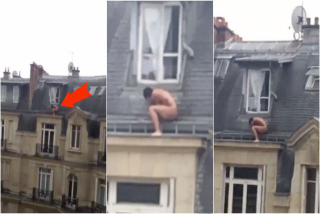 Homem é flagrado nu escondendo-se sob uma janela de um bloco de apartamentos