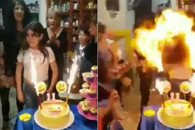 Garota sopra as velas de seu bolo de aniversário e acaba virando uma bola de fogo