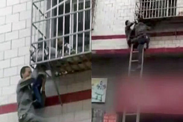 Salvam heroicamente um menino pendurado em uma sacada na China