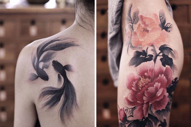 As belíssimas tatuagens de aquarela de Chen Jie