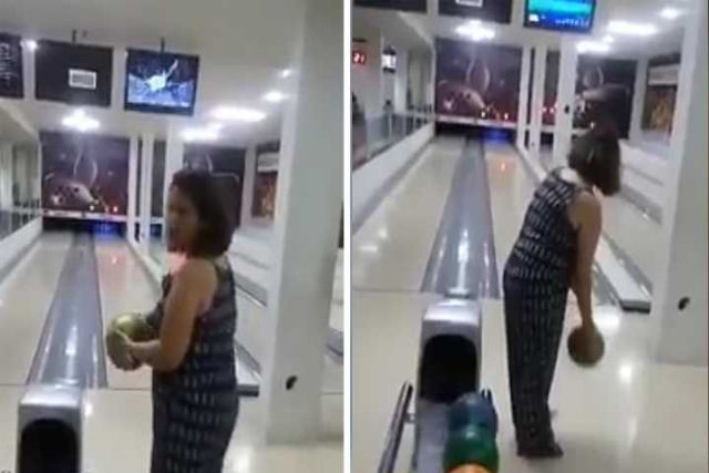O vídeo viral do acidente de uma mulher em sua primeira vez em uma pista de boliche