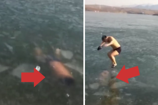 O pior pesadelo: chinês tenta sair da água e encontra a superfície congelada