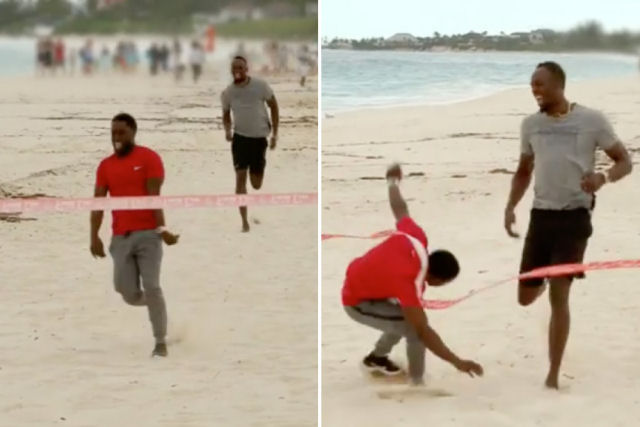 Kevin Hart tira onda com Usain Bolt em uma corrida na praia