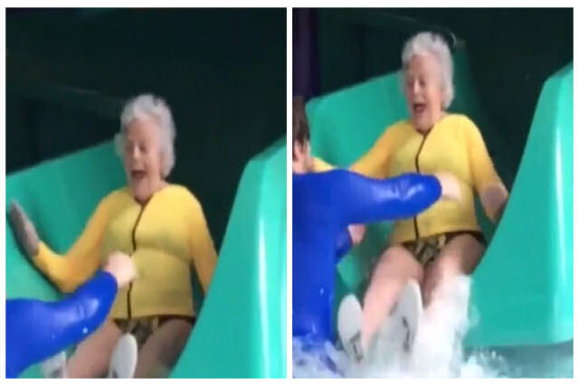 Senhorinha de 93 anos supera o medo ao deslizar pela  primeira vez em um tobog