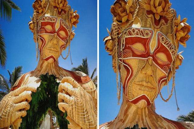 A espetacular escultura em madeira que d as boas-vindas aos banhistas em Tulum, no Mxico