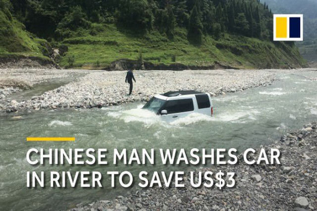 Para economizar dinheiro no lava jato, chins tenta lavar sua Land Rover no rio e se arrepende amargamente