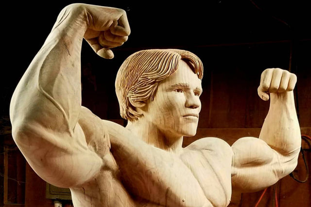 Artista esculpe incrvel escultura em tamanho natural de Schwarzenegger com um nico tronco de rvore
