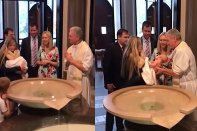 Padre deixa um beb na fonte durante o batismo