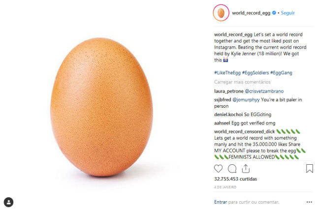 Bem-vindo a 2019: foto de um vulgar ovo  a mais curtida da histria do Instagram 