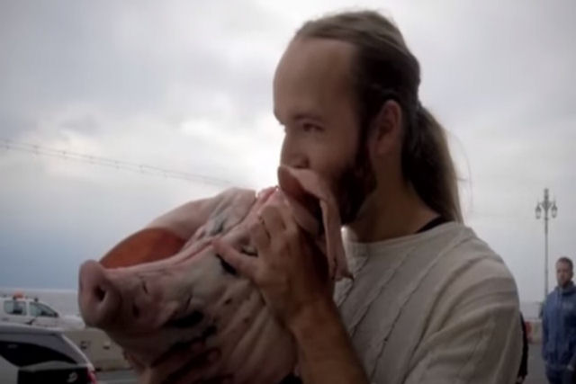 Youtuber volta a comer carne crua em um festival vegano, desta vez uma cabea de porco