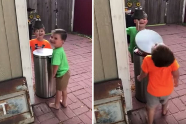 O mais recente vdeo viral mostra 2 meninos brincando com uma tampa de lata de lixo