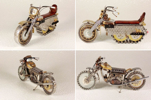 As belas miniaturas de motocicletas feitas com peas de relgios